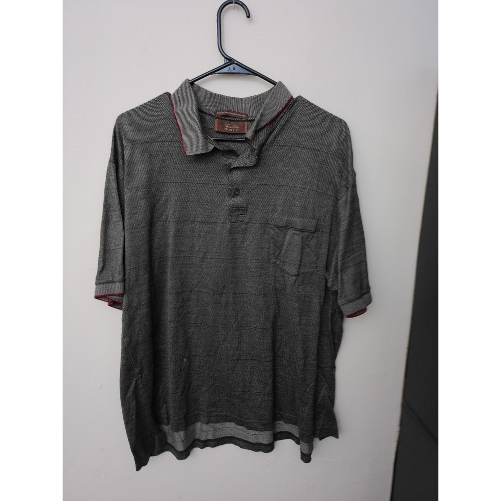 Tasso Elba Golf Polo Shirt Mens L Gray Red Striped Mercerized Cotton Pocket
